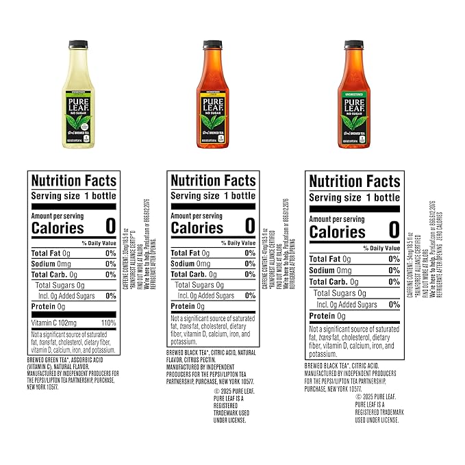 Pure Leaf Iced Tea, Unsweetened 3 Flavor Variety Pack, Zero Sugar & Zero Calories, 18.5 Fl Oz Bottles (Pack of 12)