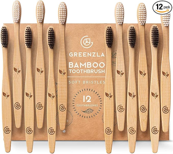 Greenzla Bamboo Toothbrushes for Adults – 12 Pack Wooden Toothbrush Set with Charcoal-Infused Soft Bristles, Natural Oral Care for Daily Use
