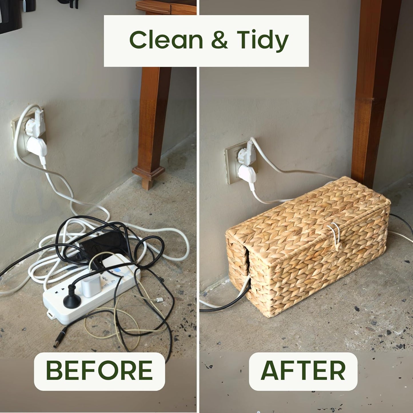 2-Pack Wicker Cable Management Box, Handmade Water Hyacinth Cable Organizer with Lid, Cord Hider Basket with 2 Slots for TV Wires, Power Strips, Surge Protector