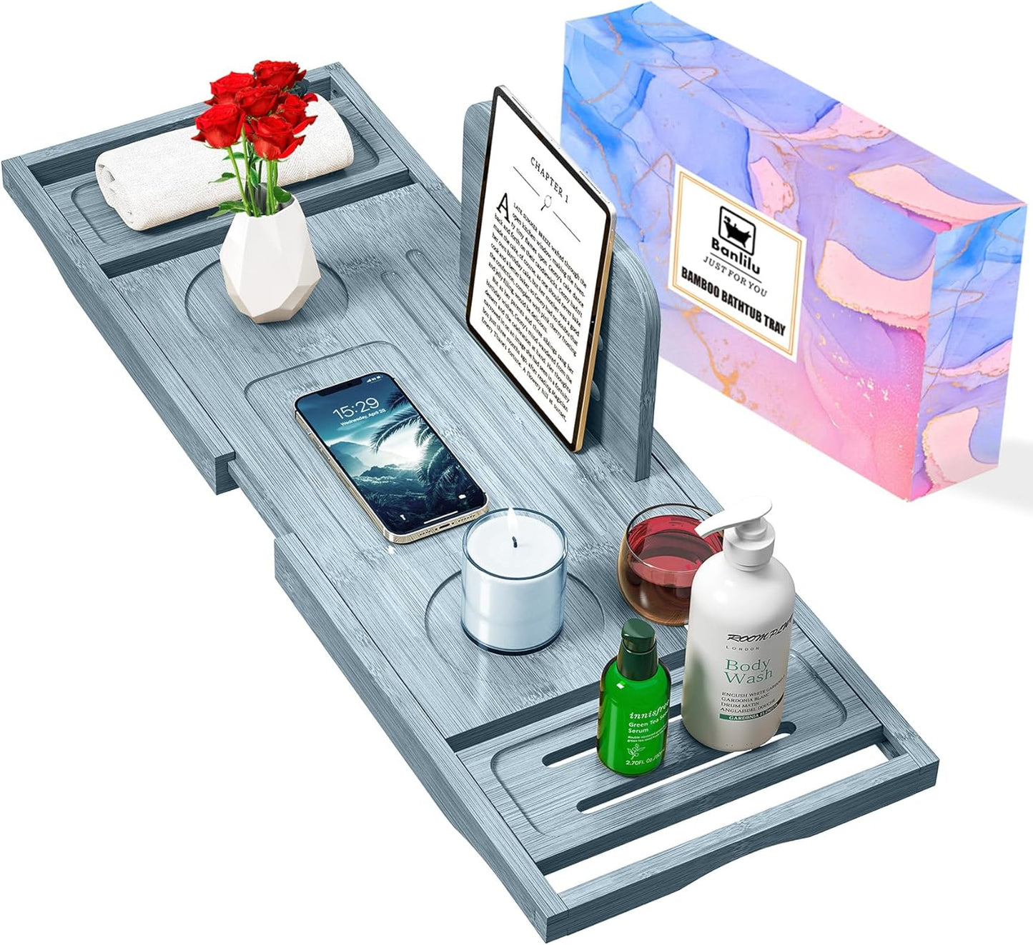 Bathtub Tray Caddy - Bath Tray - Bath Tub Tray Caddy - Bamboo Bath Tray for Tub - Expandable Size, Fits Most Tubs