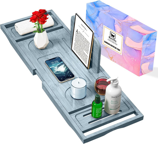 Bathtub Tray Caddy - Bath Tray - Bath Tub Tray Caddy - Bamboo Bath Tray for Tub - Expandable Size, Fits Most Tubs