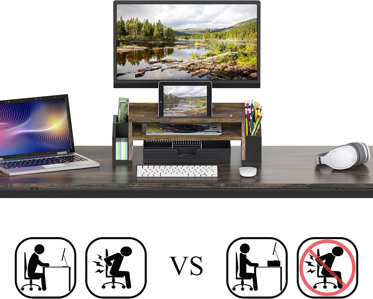 SIMPLE HOUSEWARE Desk Monitor Stand Riser with Adjustable Organizer Tray, Rustic Brown