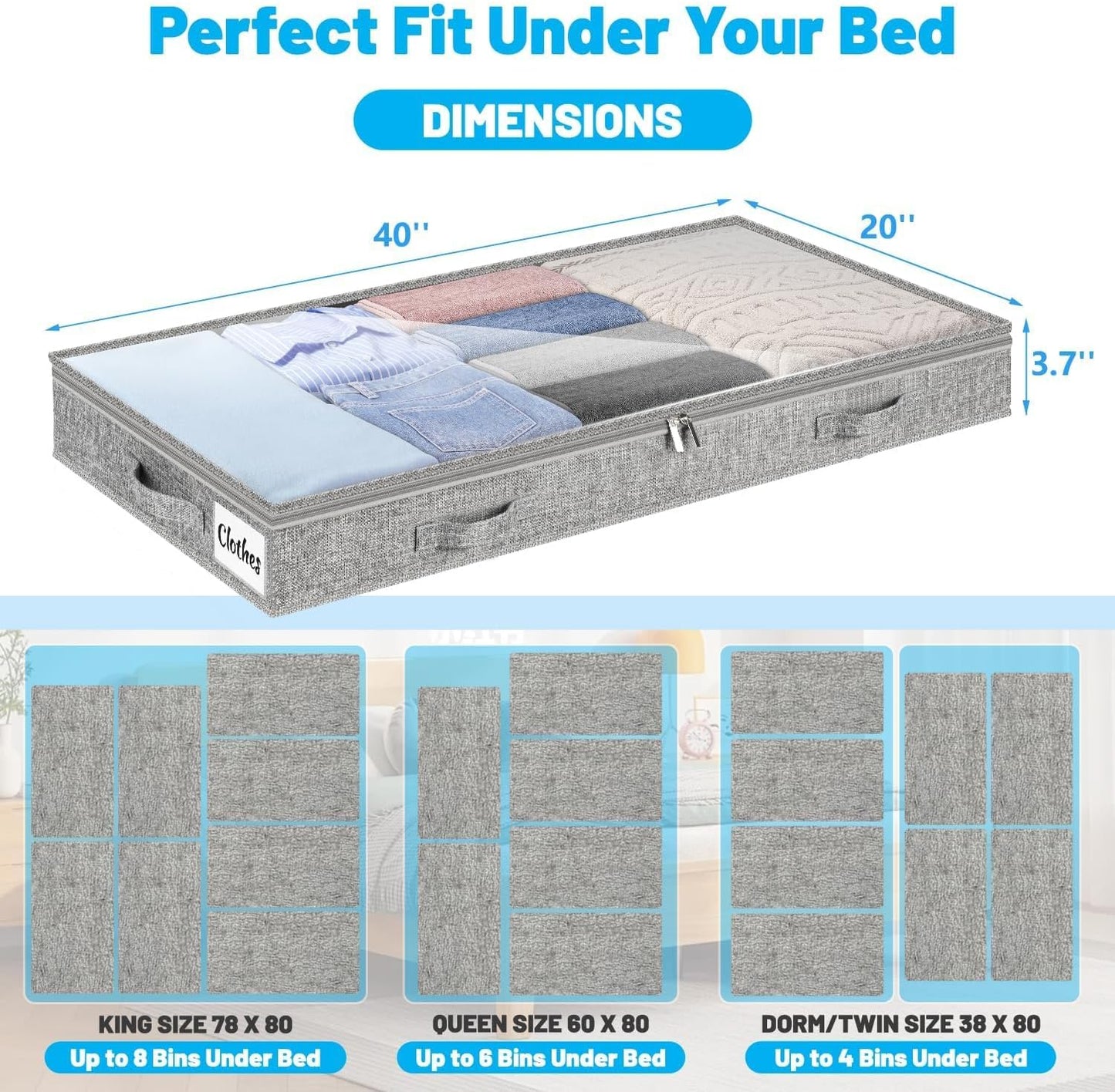 4 Inch Low Profile Under Bed Storage Drawer 2 Pack, Lightweight Underbed Clothes Storage Container Bins with NO STURCTURE, Shallow Storage Bag for Dorm & Home, With Clear Lids and Waterproof Fabric