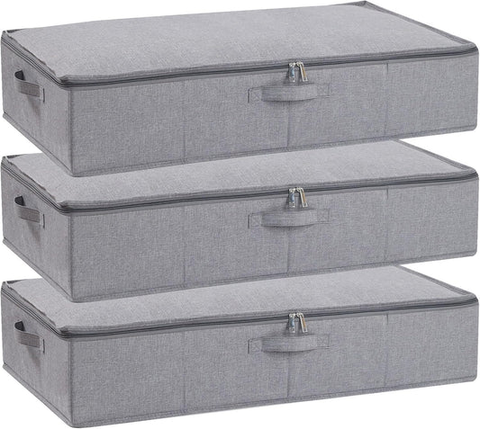 Under the Bed Storage Bins, 31.5 x 15.7 x 5.9 Inch Closet Organizers with Reinforced Handles for Blanket, Sheets, Pillows, Towels, Shoes, Grey, 3 Pack