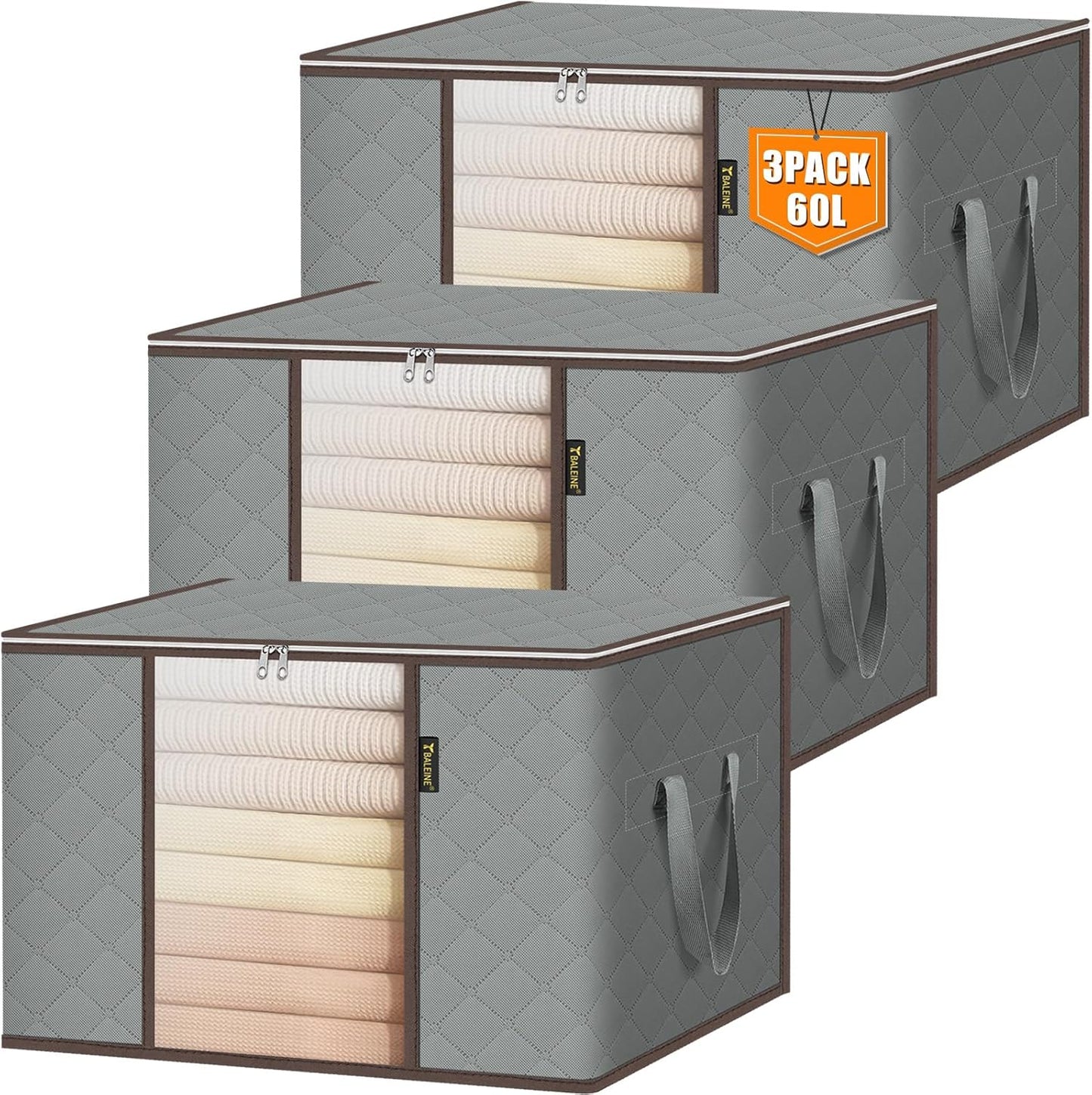 BALEINE 3 Pack Clothes Storage Bags, 16 Gallon Storage Containers with Reinforced Handle, Sturdy Zipper, Closet Organizer for Blanket, Comforter, Pillow, Bedding (Grey, 3 Pack)