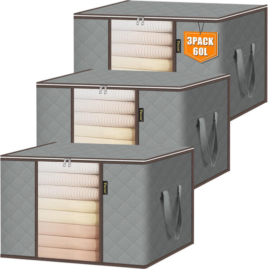 BALEINE 3 Pack Clothes Storage Bags, 16 Gallon Storage Containers with Reinforced Handle, Sturdy Zipper, Closet Organizer for Blanket, Comforter, Pillow, Bedding (Grey, 3 Pack)