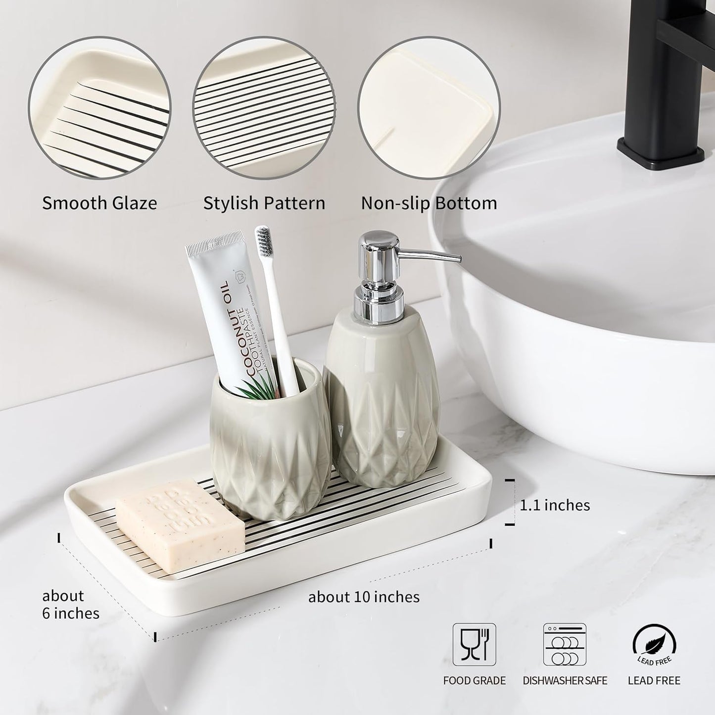 Bathroom Vanity Tray for Countertop,2PC Rectangle Striped Tray,Decorative Bathroom Organizer for Scrubber, Lotion Bottles, Perfume, Jewelry, Candle, Key Trinket Ring(Large,White)