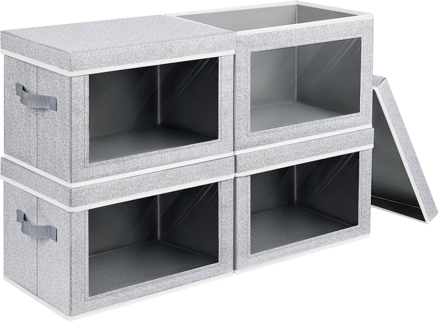 Storage Boxes with Lids - 4 Pack Fabric Clear Window Storage Bins, Large Decorative Storage Bins with Handles, Linen Closet Organizer for Clothes, Towel, Blanket, Light Grey