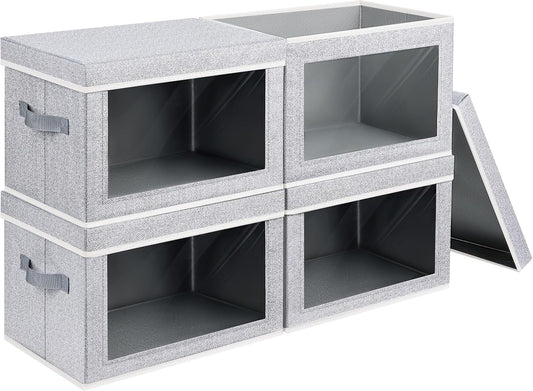 Foldable Storage Bin with Lid - Closet Storage Organizer with Window, Storage Bins with Lids for Clothes, Fabric Storage Baskets for Shelves, Bedroom, Dorm, Light Grey, 4 Pack