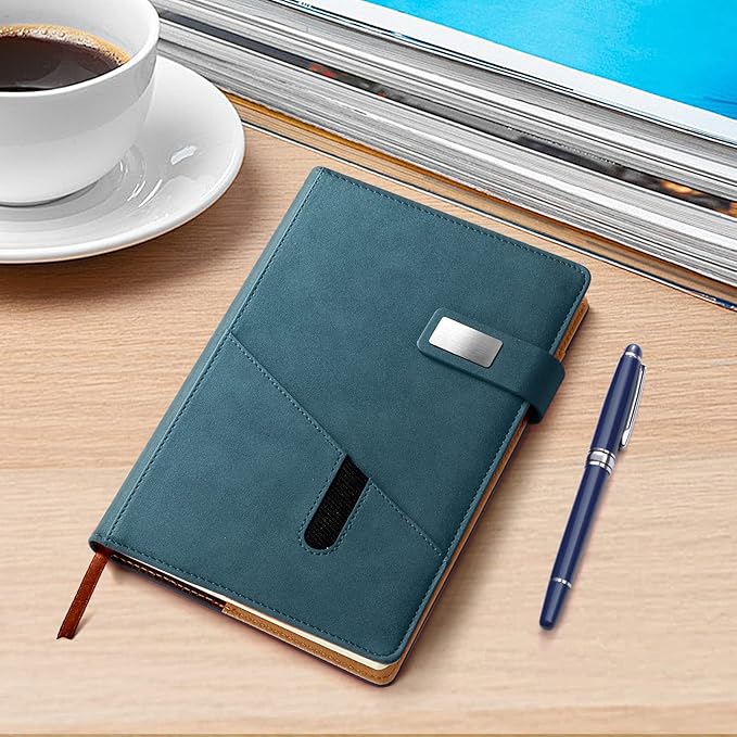 A5 Lined Leather Notebook and Pen Set with Gift Box, 240 Pages Refillable Journal with Pocket and Magnetic Buckle, Hardcover Daily Diary for Men and Women Business Travel Personal Writing- Blue