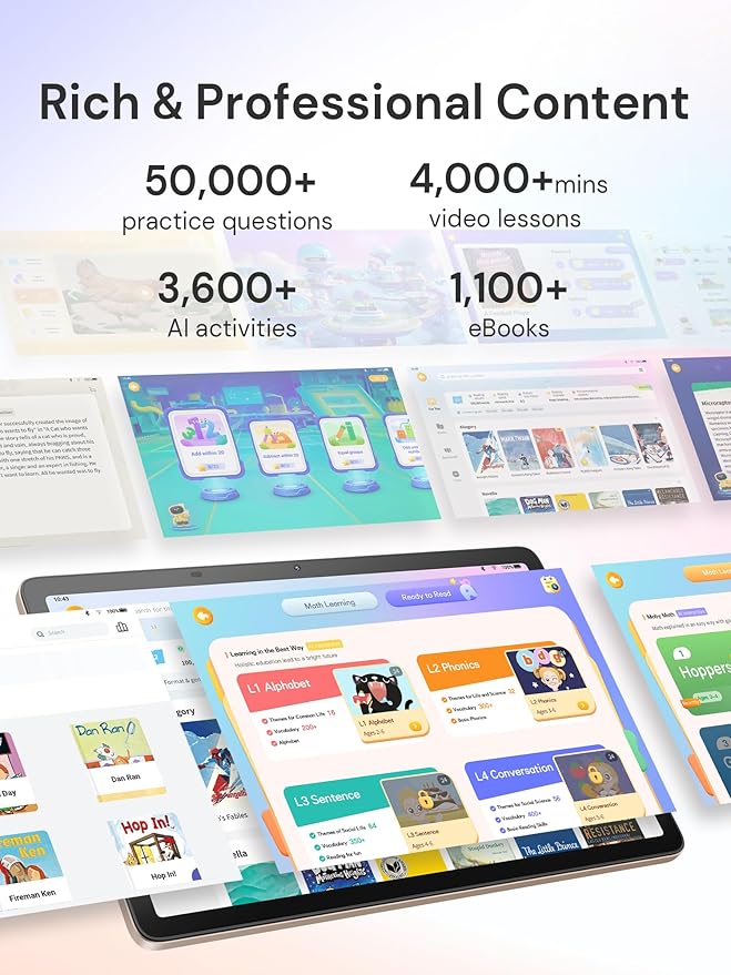 AI Kids Tablet with Parental Control - 50000+ Content AI Tutor Learning Tablet with ELA, Math, ABC, Word, Read, Phonics, STEM for Homeschooler Educational Study for G1 - G6 (TalPad T100, Standard)