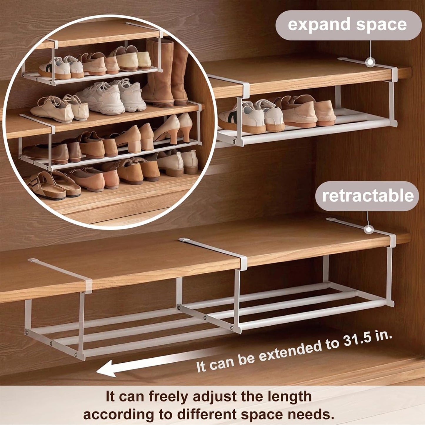 Expandable Shoe Rack Organizer - Adjustable Shoe Rack & Under Cabinet Shelf - for Shoe or Clothing Storage and Organization, Under Shelf Storage (White,1 Pcs)