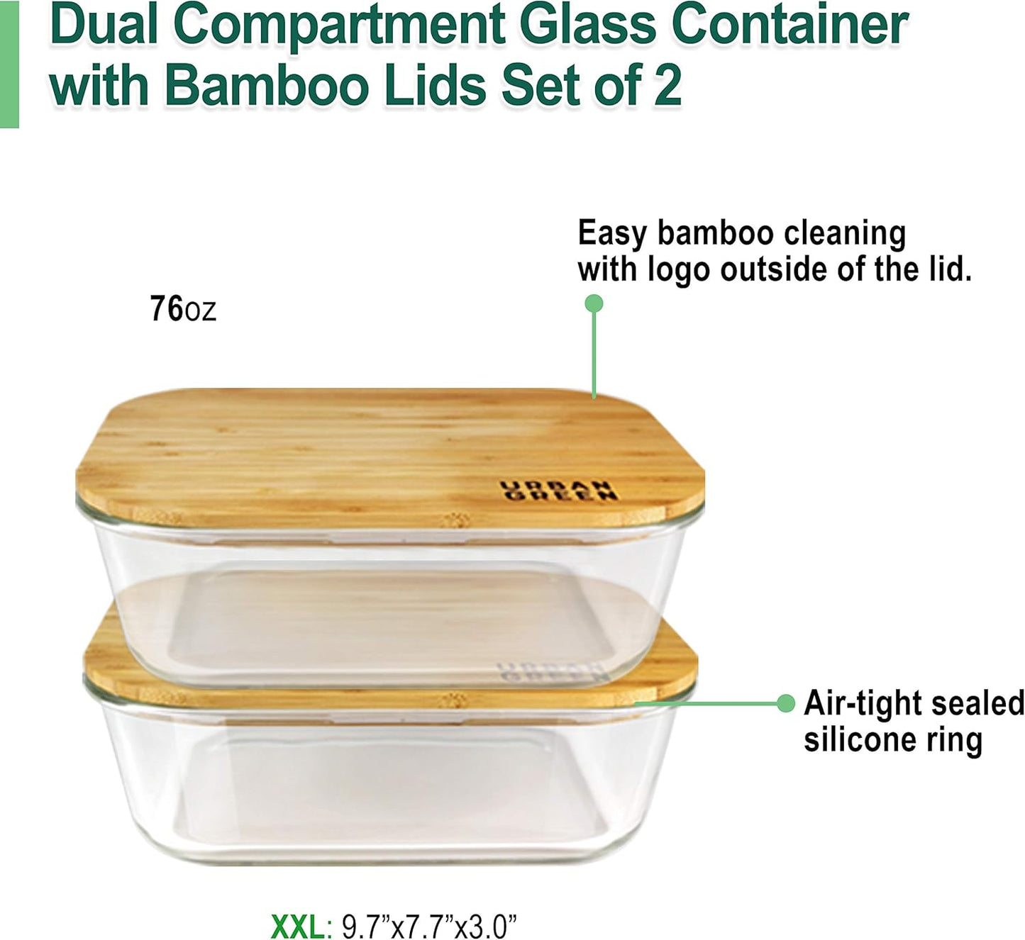 Urban Green Glass Food Storage Containers, XXLarge Size, 76oz/2260ml, 2 Pack - Bamboo Lids, Microwave & Freezer Safe, Meal Prep & Pantry Organization