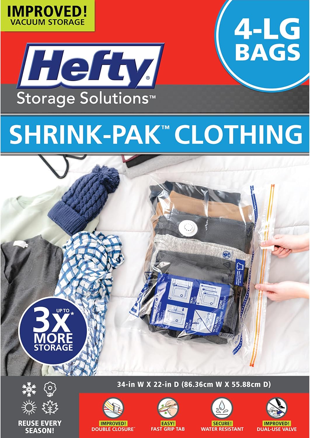 Hefty Shrink-Pak - 4 Large Vacuum Storage Bags for Clothes, Pillows, Towels, or Blankets - Space Saver Vacuum Sealer Bags Ideal Under Bed Storage Solutions