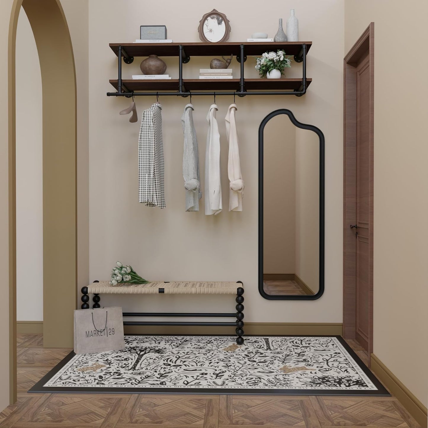 Wall Mounted Clothes Rack 12 Inch Deep, 60 Inch Heavy Duty Garment Rack with Real Walnut Wood Shelf, Multi-Purpose Hanging Rod & Space-Saving Closet Storage Organizer