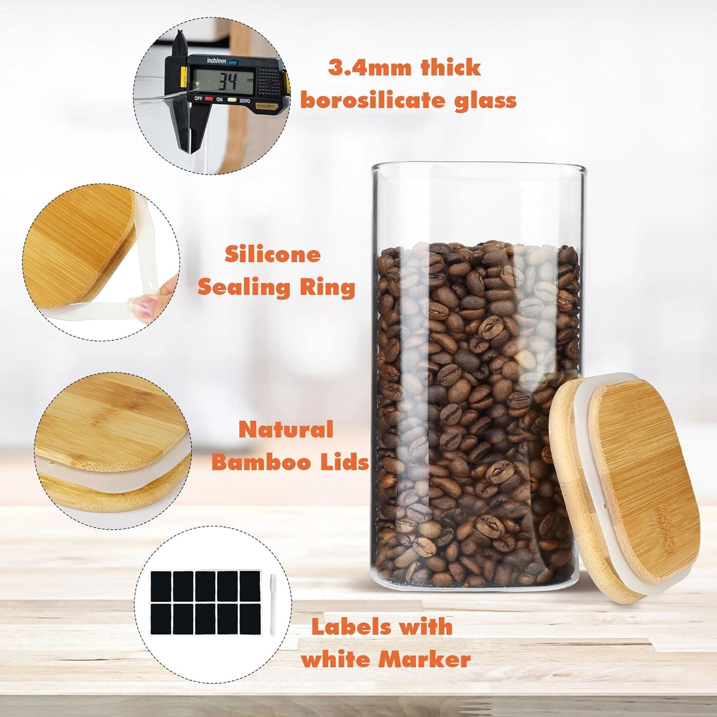 Glass Storage Containers with Airtight Bamboo Lids Set of 3,Pantry Food Glass Jar with Lid,Perfect for Kitchen Organization-Flour,Rice,Pasta,Sugar,Coffee Beans,Accessories Included (3 packs(68oz))