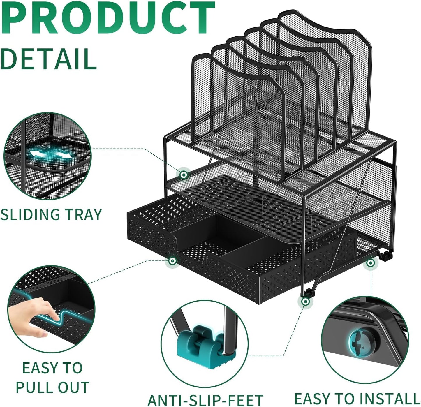 Simple Trending Mesh Desk Organizer with Sliding Drawer, Double Tray with 5 Sections File Bookshelf, Black