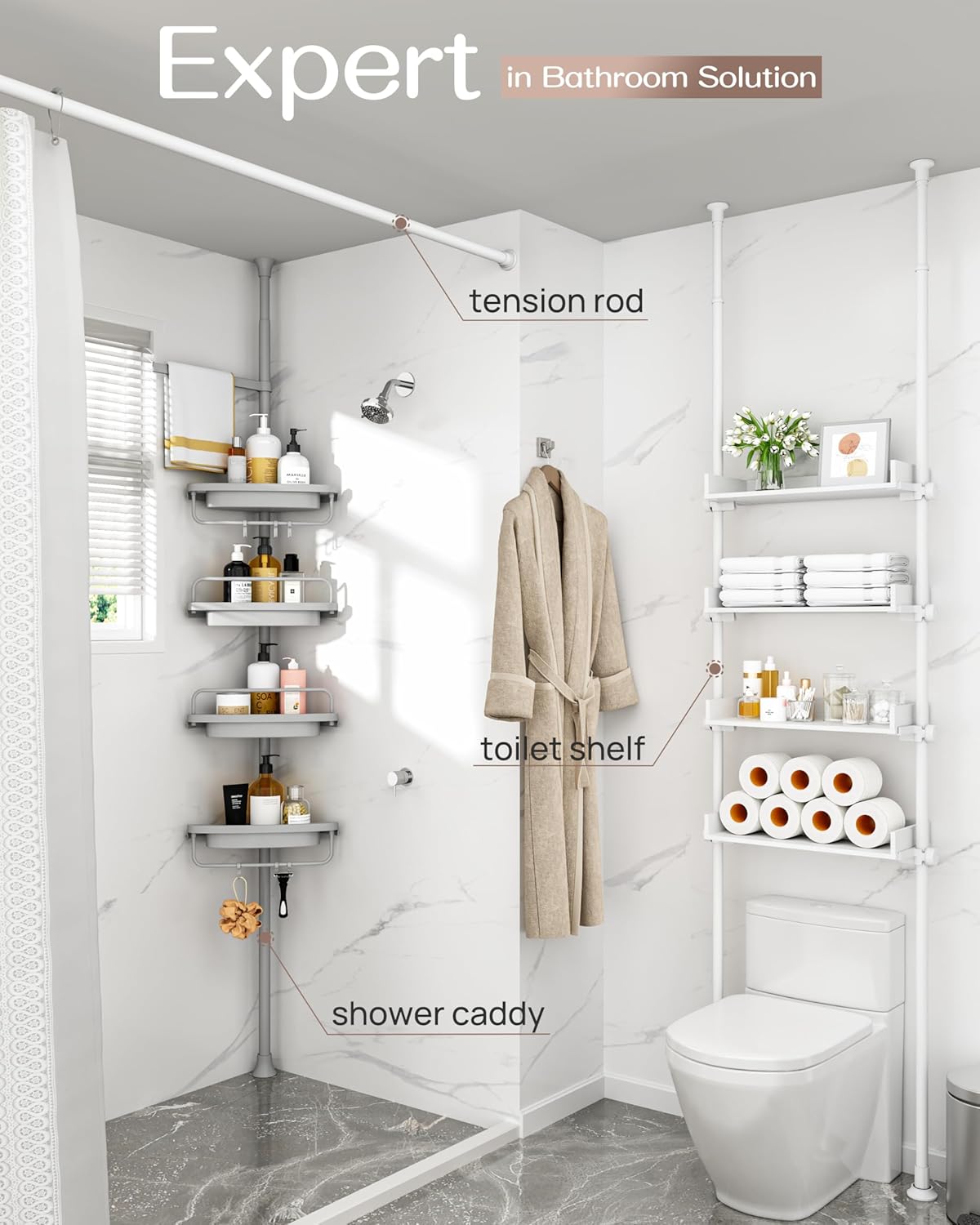 ALLZONE Rustproof Shower Caddy Corner for Bathroom,Bathtub Storage Organizer for Shampoo Accessories,4-Tier Adjustable Shelves with Tension Pole, 34 to 116 Inch, Grey