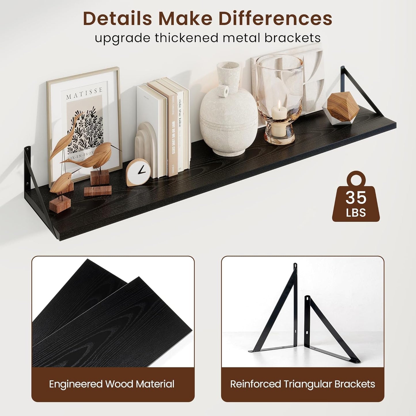 Axeman Black Floating Shelves for Wall - 48 Inch Wide x 10 Inch Deep Floating Shelves Set of 2 -Black Wide Wall Shelves for Living Room Bathroom Bedroom