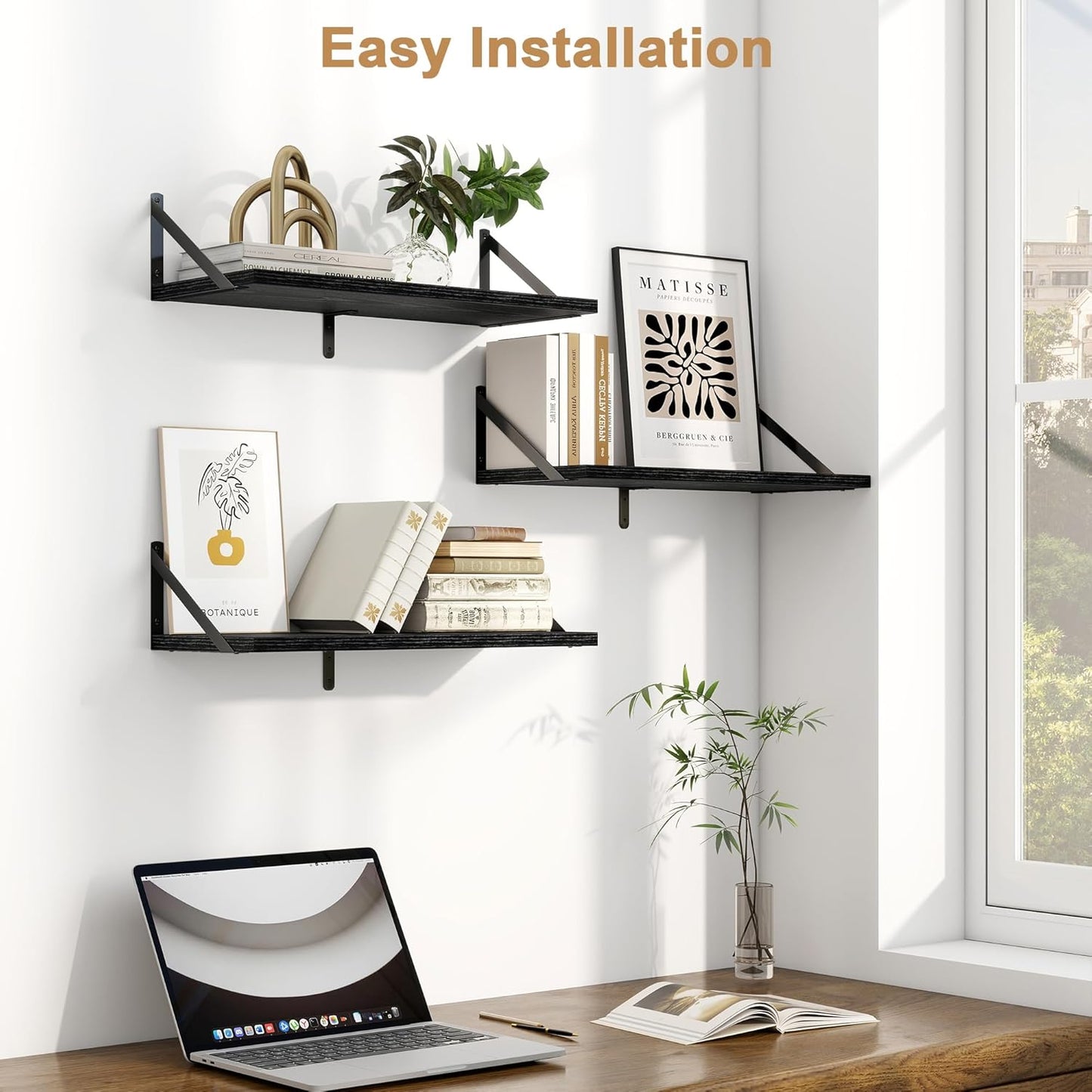 Fun Memories Floating Bookshelves, Set of 3 Wall-Mounted Wood Shelves 24" W x 8" D, Decorative Wall Shelf for Living Room, Bedroom, Bathroom, and Laundry Room (Black)