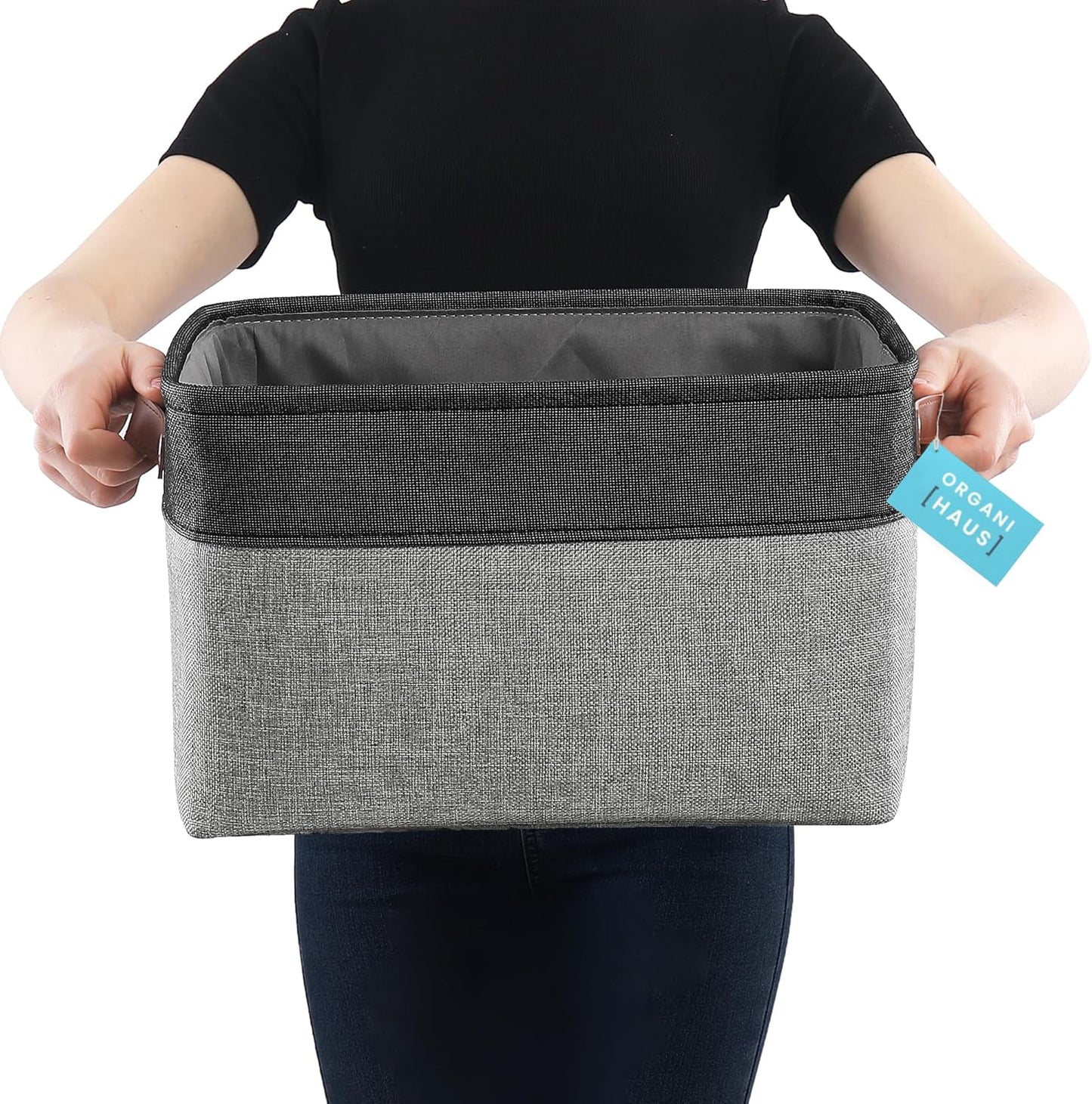 OrganiHaus Large Fabric Storage Baskets for Shelves 3 Pack, 15x11in Closet Storage Bins for Shelves, Canvas Baskets for Organizing, Linen Closet Organizers, Cloth Basket, Gray/Black