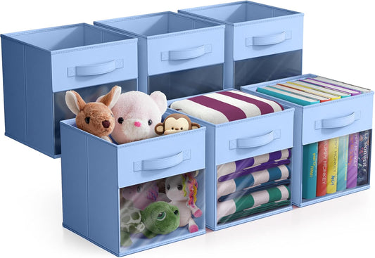 Sorbus 11 Inch Storage Bins with Clear Window - 6 Foldable Baskets for Organizing Clothes, Toys, Books - Sturdy Collapsible Fabric Storage Cubes with Handle - Storage Baskets for Shelves, Closets