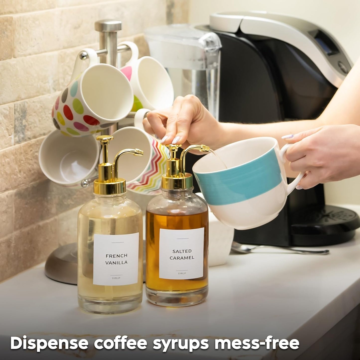 Coffee Syrup Dispenser with Pump - Includes 24 Flavor Labels - Glass Syrup Dispenser for Coffee Bar - Elevate your Beverage Station with 16.9 fl oz Flavoring Container Bottles, 2pcs, Gold