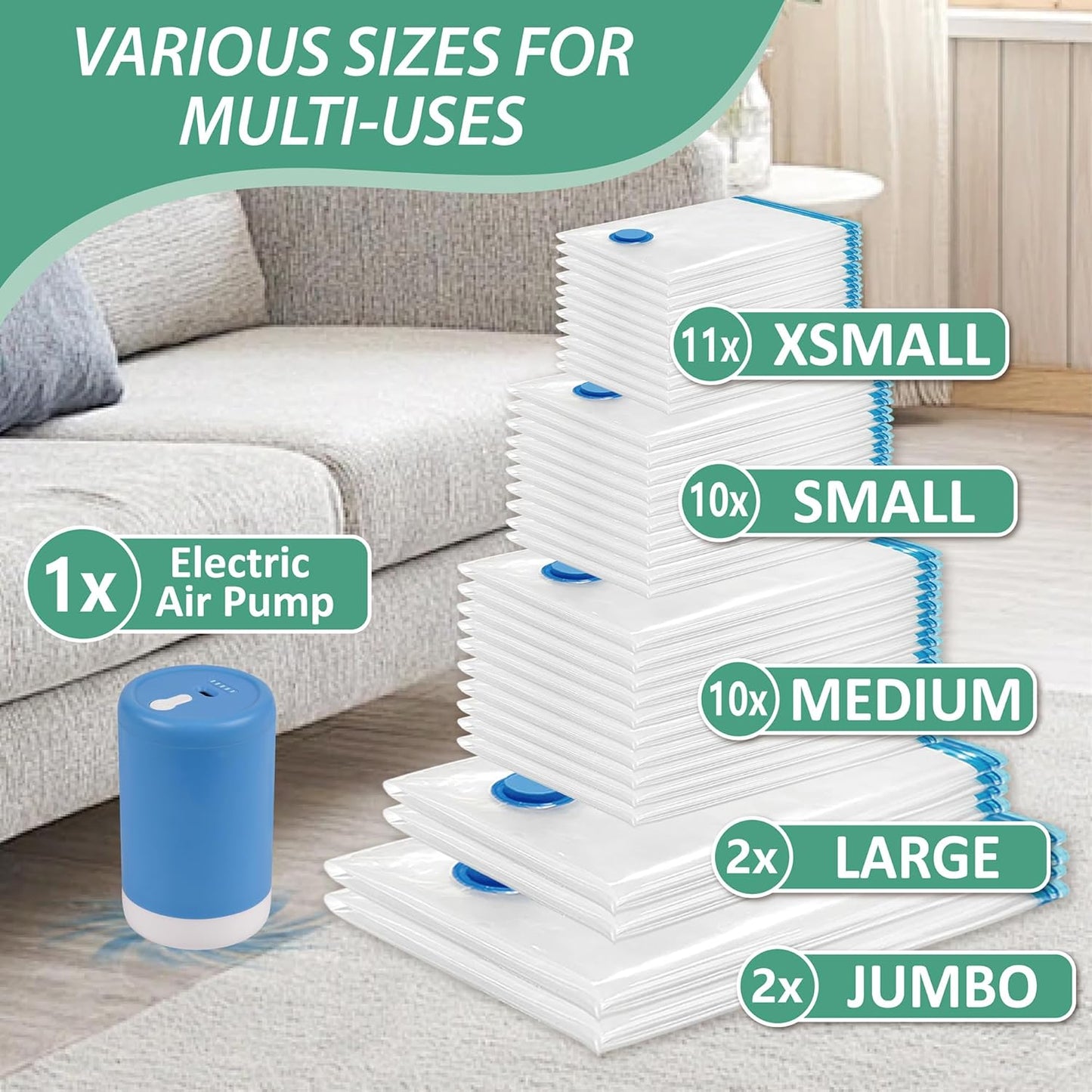 Cozy Essential 35 Pack Vacuum Storage Bags with Electric Pump, Vacuum Seal Space Saver Bags for Clothing, Pillows, Blanket, Bedding, Comforters