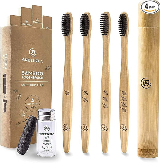 Greenzla Bamboo Toothbrushes, Wooden Toothbrush Set with Soft Bristles, Includes Travel Case and Charcoal Dental Floss, 4 Pack