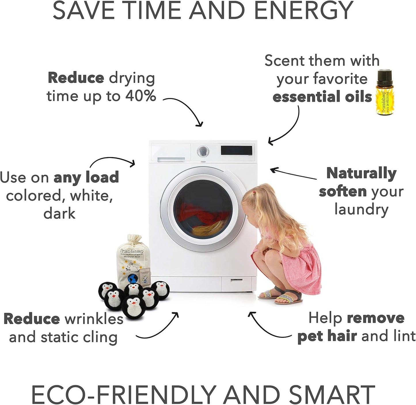 Friendsheep Wool Dryer Balls, Organic Reusable Fabric Softener Alternative for Laundry, Handmade, Fair Trade, Hypoallergenic, Eco-Friendly, Plastic-Free (6 Pack XL – Black Penguin)