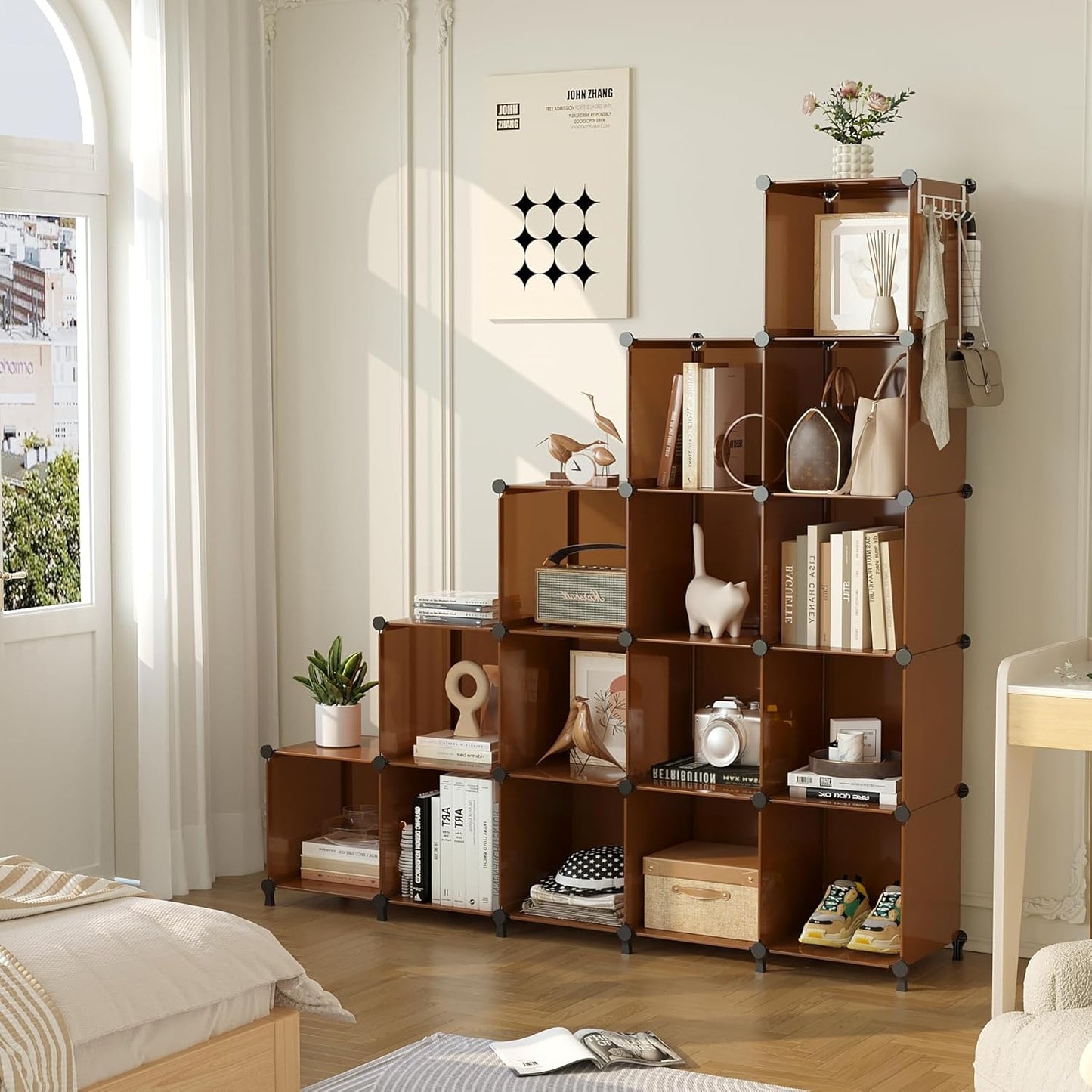 AWTATOS Cube Storage Organizer, Storage Cubes Shelves Bookshelf, 16 Cube Closet Organizers and Storage, DIY Stackable Plastic Clothes Organizer Shelving for Bedroom, Home Office, Cocoa Brown