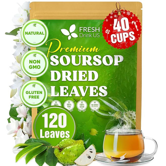 FreshDrinkUS, 120+ Premium Soursop Graviola Dried Leaves Tea, 40 Cups, 120-130 Natural Leaves, Whole Leaves, Wildcrafted, Graviola, Hoja Guanabana, Soursop Loose Leaf Herbal Tea, No Gluten, Vegan