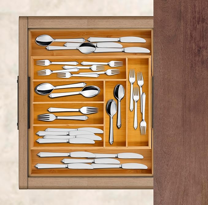 Emeril Lagasse Expandable Bamboo Drawer Organizer – Adjustable 6-8 Compartments, Kitchen Drawer Organizer for Utensils, Silverware & More – Durable Bamboo, 12.9” to 19.7” Expandable Design