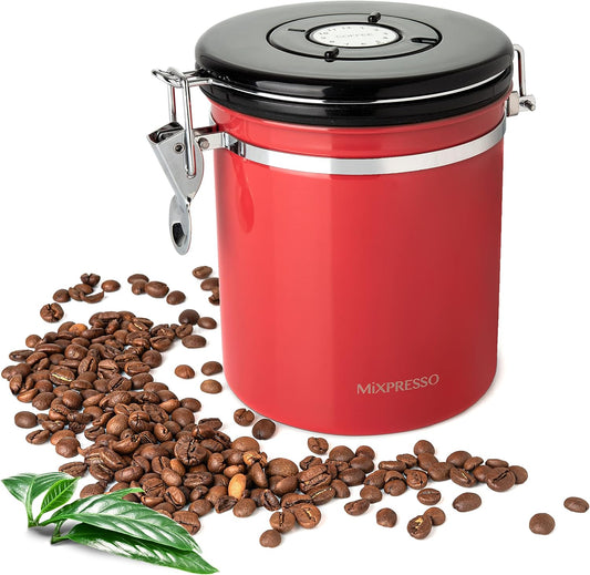 Mixpresso 16 Oz Red Coffee Canister, Stainless Steel Airtight Coffee Container, Air tight Jar Tea Storage with Date Tracker, Vacuum Sealed Espresso Airtight Canister, Sugar Container for Home