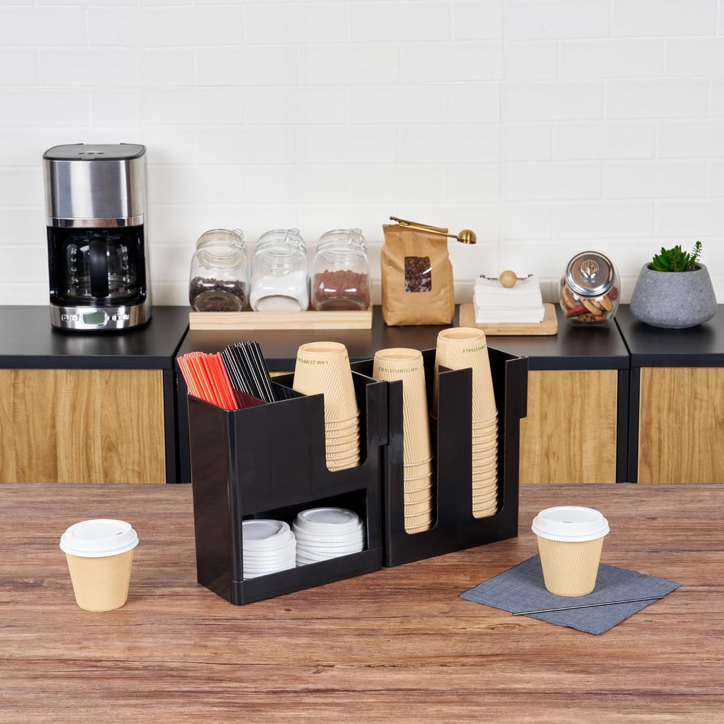 Restaurantware Restpresso Coffee Bar Organizer, 1 Count Durable 6 Compartments, Compact Size, Black Plastic Tabletop Coffee Supplies Organizer For Homes, Office Spaces, Breakrooms, and Lounges