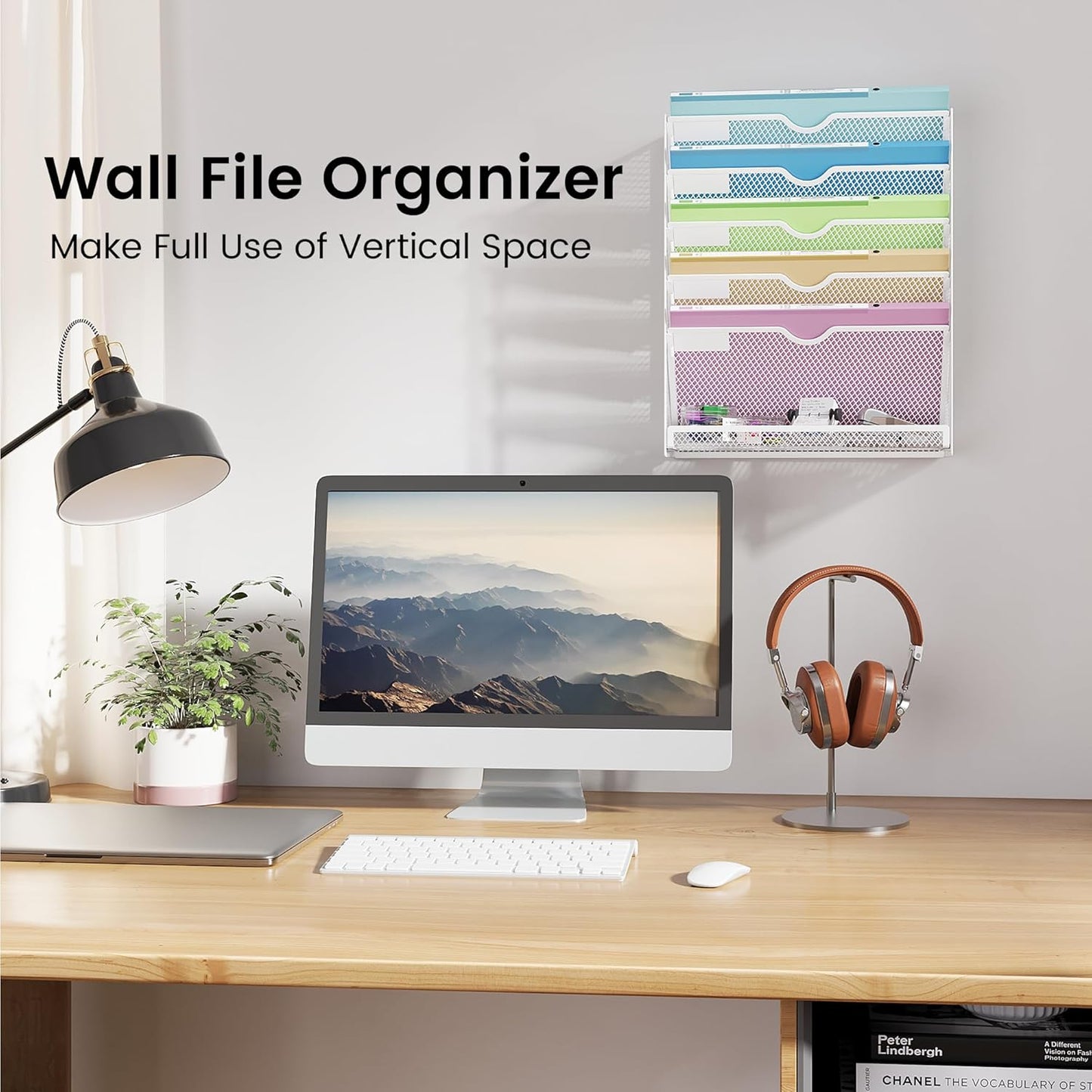 Hanging Wall File Organizer Mesh 6 Tier Wall Mounted Mail Paper Folder Holder Document Organization Stand Desk File Organizer Tray for Office & Home Cubicle Countertop-White