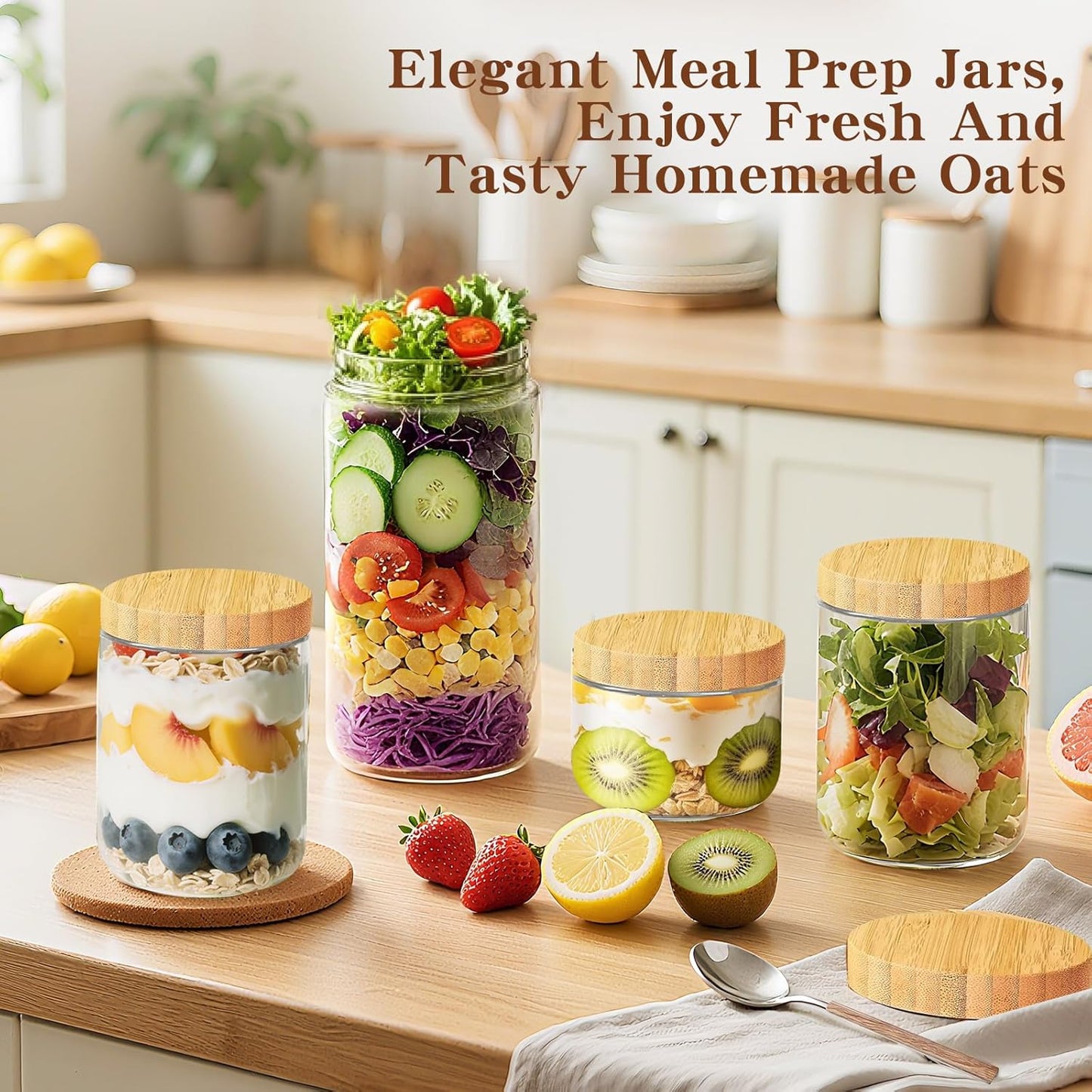 24oz Overnight Oats Containers with Bamboo Lids, Glass Jars with Airtight Lids, Wide Mouth Mason Meal Prep Jars, Food Storage Container for Yogurt Salad Chia Pudding Snacks Spice Sugar,2 Pack