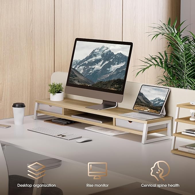 Fenge Dual Monitor Stand, Monitor Riser with Drawer, 42.5 Inch Large Computer Monitor Stand for 2 Monitors, 2 Tier Wooden Desk Shelf for Top of Desk