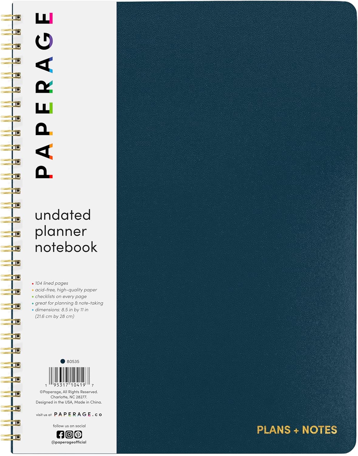 PAPERAGE Undated Daily Planner & To Do List Notepad (Navy), 8.5 in x 11 in, Spiral Bound Planner Notebook for Work, School or Home, 104 Lined Pages With Date Tracker for Plans & Notes
