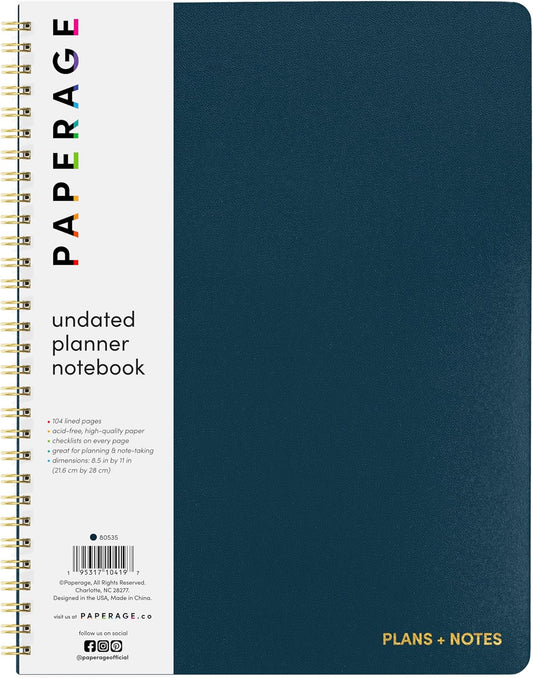 PAPERAGE Undated Daily Planner & To Do List Notepad (Navy), 8.5 in x 11 in, Spiral Bound Planner Notebook for Work, School or Home, 104 Lined Pages With Date Tracker for Plans & Notes