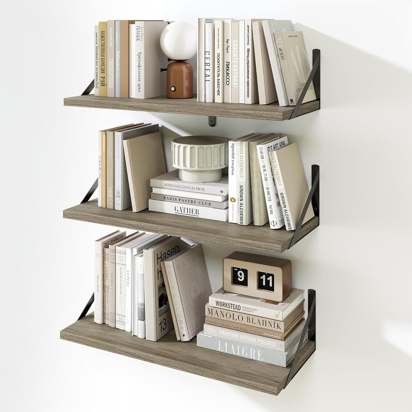 Fun Memories Floating Bookshelves, Set of 3 Wall-Mounted Wood Shelves 24" W x 8" D, Decorative Wall Shelf for Living Room, Bedroom, Bathroom, and Laundry Room (Grey)