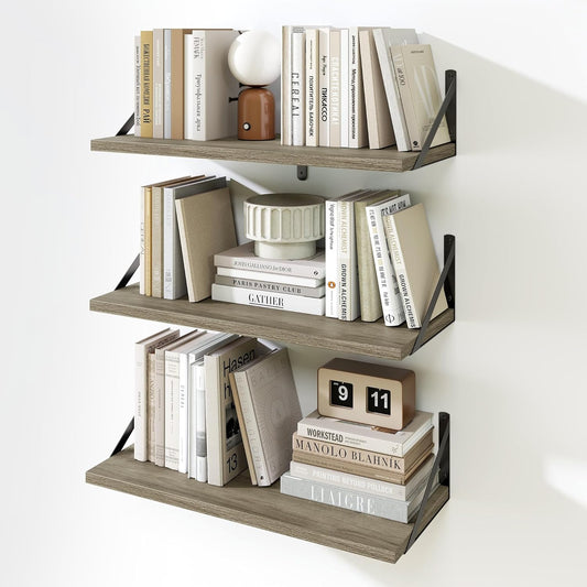 Fun Memories Floating Bookshelves, Set of 3 Wall-Mounted Wood Shelves 24" W x 8" D, Decorative Wall Shelf for Living Room, Bedroom, Bathroom, and Laundry Room (Grey)