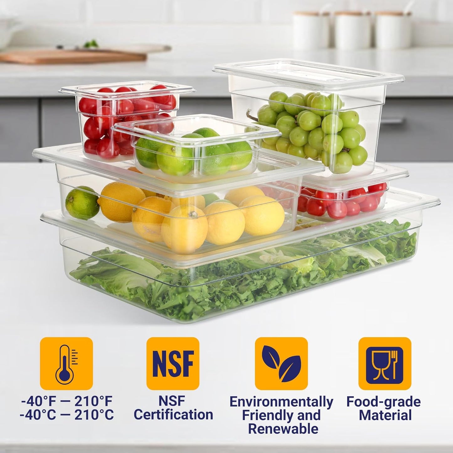 6 Pack NSF Food Pans with Lids, 1/6 Size 4'' Deep Commercial Food Storage Containers, Polycarbonate, Clear