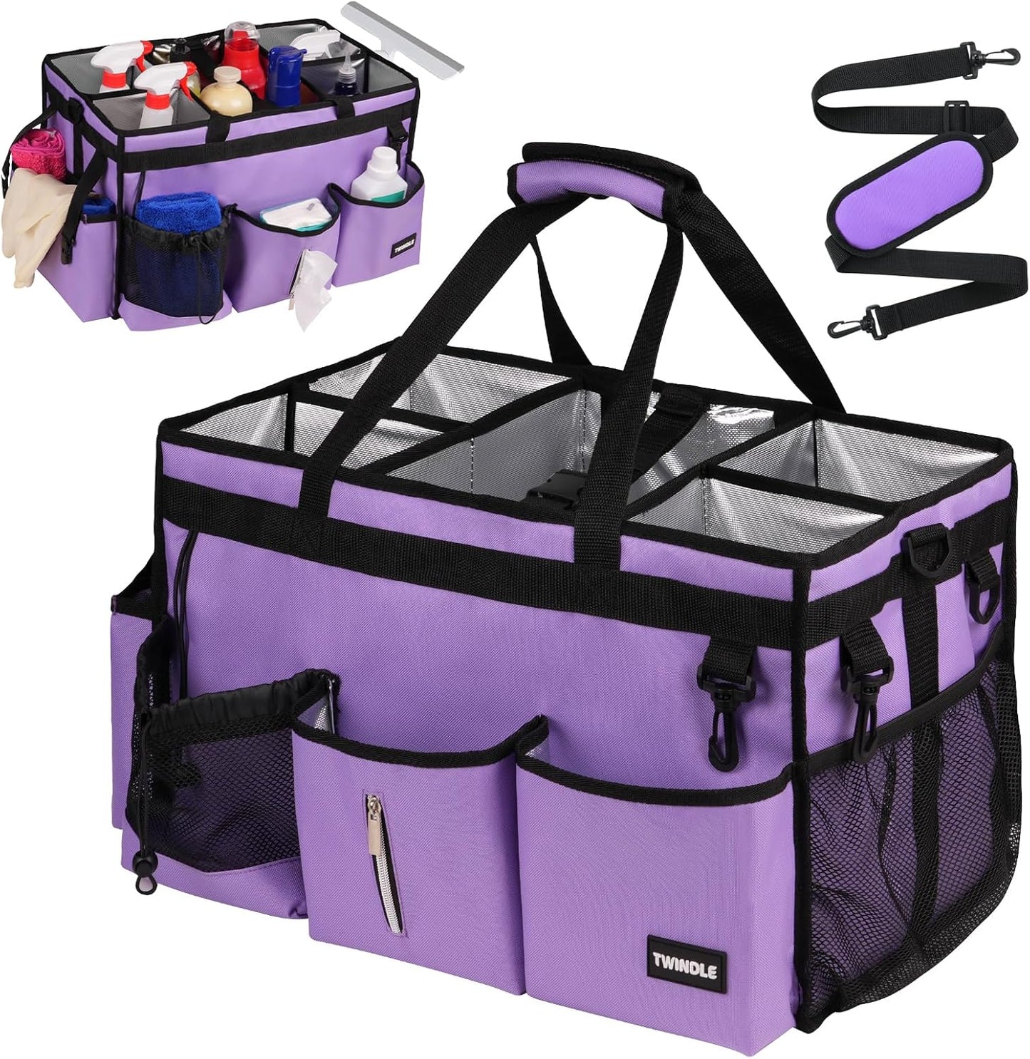 Large Cleaning Caddy Bag With Detachable Divider,Caddy Organizer With Handle,Cleaning Supply Storage With Adjustable Shoulder Strap & Waist Belt For Cleaners,Cleaning Housekeepers