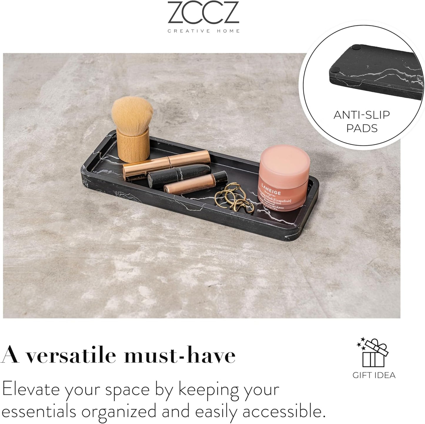 ZCCZ Black Bathroom Accessory Sets, 4 Pieces Bathroom Accessories Complete Set Vanity Countertop Accessory Set Marble Look, Includes Lotion Dispenser Soap Pump, Tumbler, Toothbrush Holder and Tray