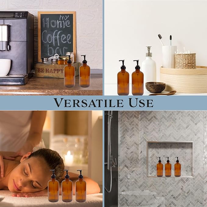 Cornucopia Brands 8oz Glass Pump Bottles (Pack of 4, Amber Brown) Lotion Soap Dispensers w/Black Plastic Pumps