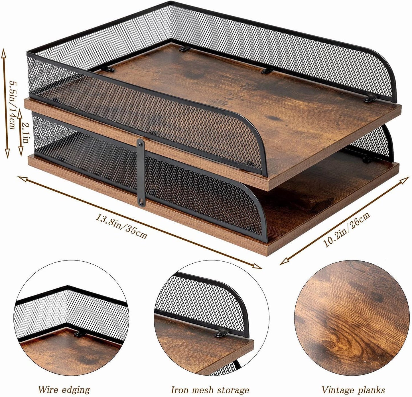 Set of 2 Vintage Wood & Metal Letter Tray，Desk Organizers Paper Tray，Office File Organizer(Black)