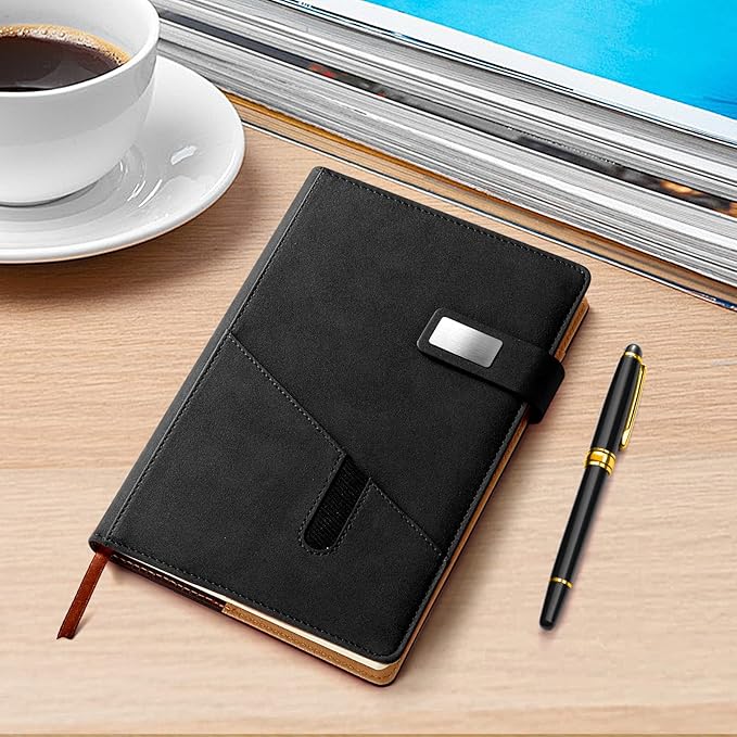 A5 Lined Leather Notebook and Pen Set with Gift Box, 240 Pages Refillable Journal with Pocket and Magnetic Buckle, Hardcover Daily Diary for Men and Women Business Travel Personal Writing- Black