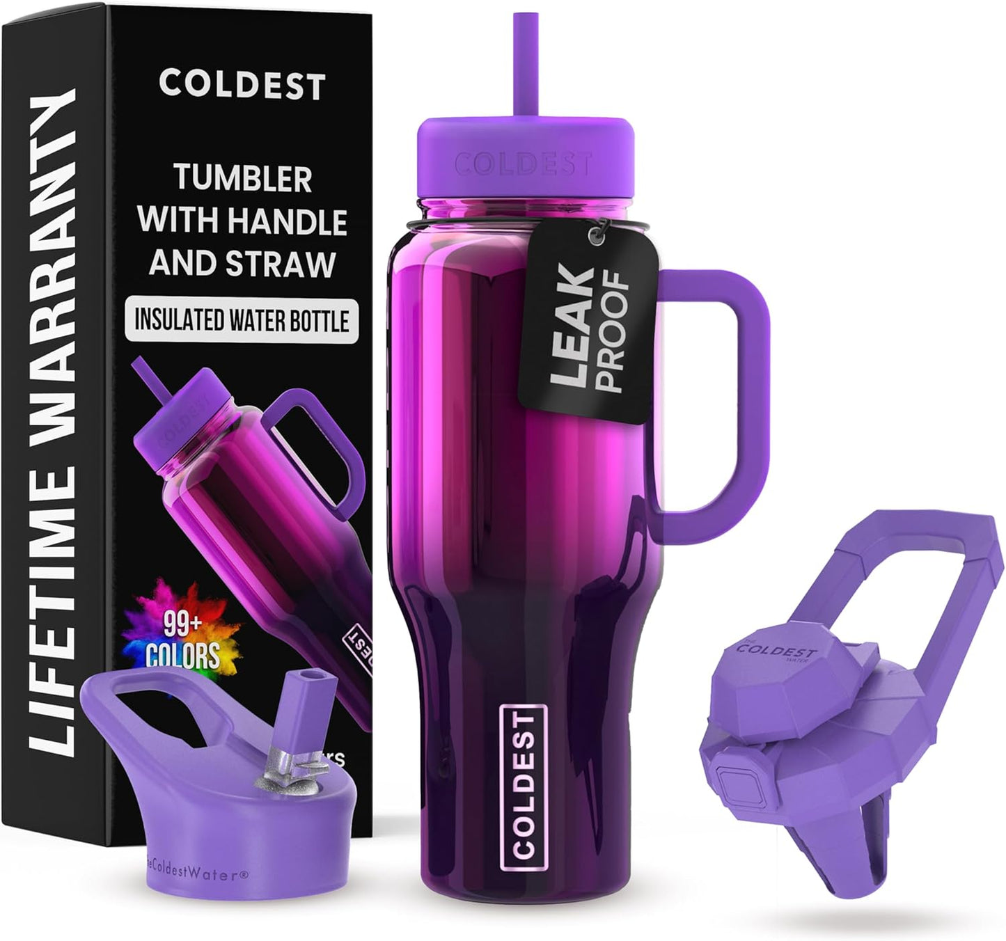 Coldest Tumbler with Handle and Straw - 100% Spill Proof Tumbler with Straw (3 Lids) - Stainless Steel Insulated Leakproof Tumblers for Women & Men - Cup Holder Friendly - 36 oz (Purple Nova)