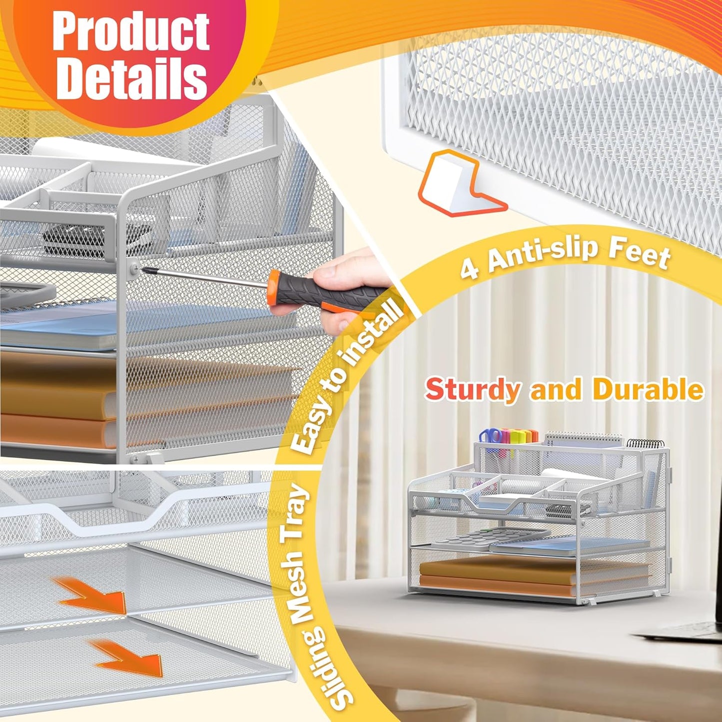 Docnest 3 Tier Mesh Desk Organizer for Paper Office Supplies – Multi-Functional Letter Tray with 5 Adjustable Compartments, 3 Pen Holders, Desktop Storage for Files, Mail, Stationery – White